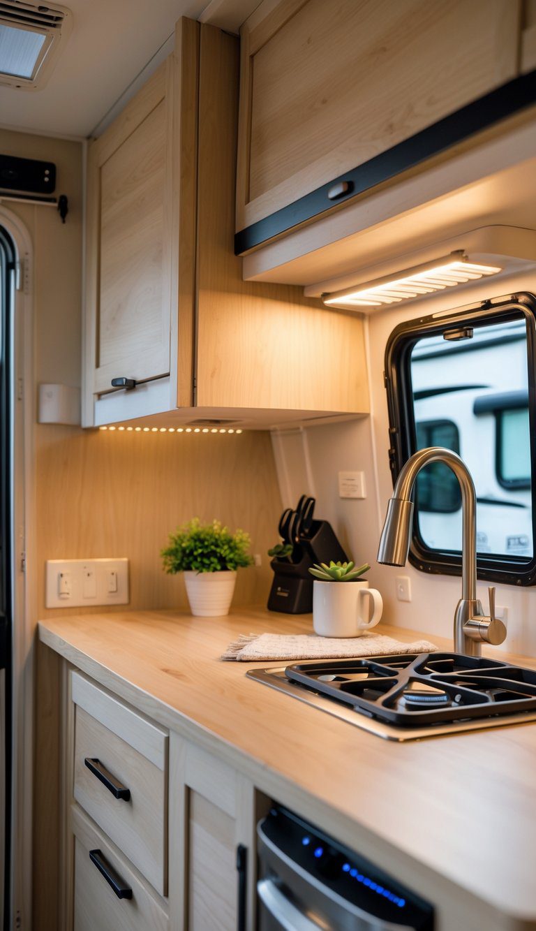 Interior of a pop-up camper kitchen with LED puck lights installed under wooden cabinets, illuminating the countertop and kitchen area.