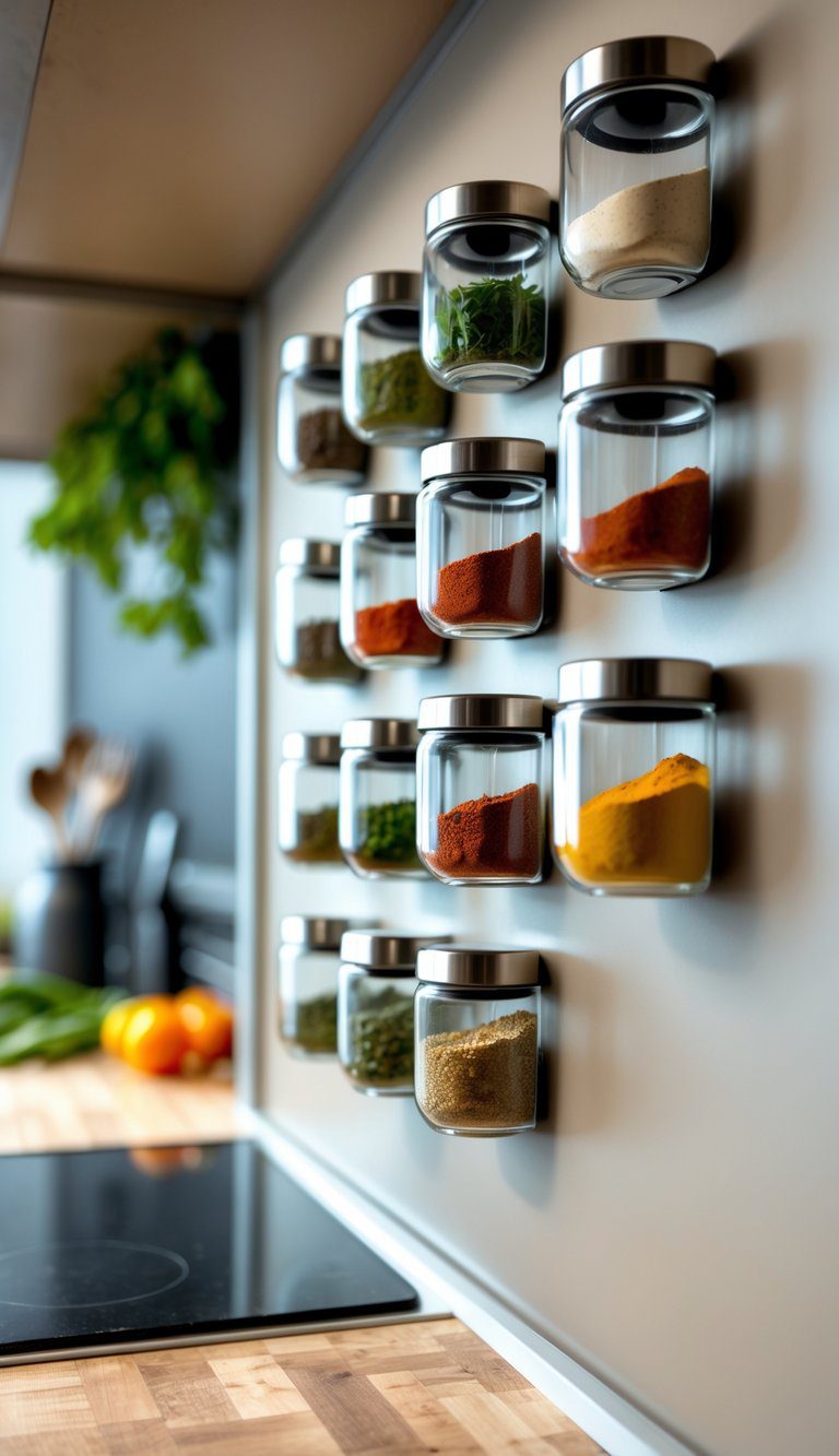 Magnetic spice jars attached to a painted metal kitchen backsplash with colorful spices inside.