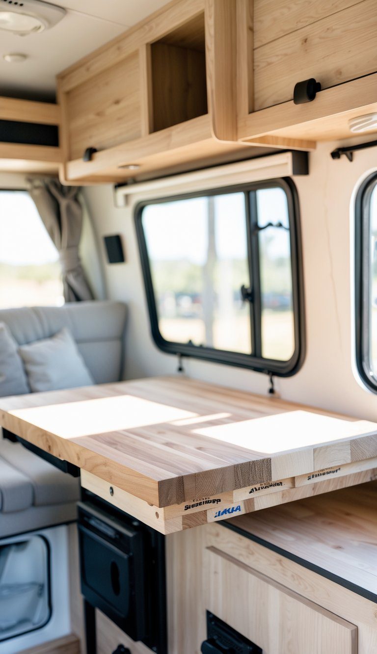 Interior of a pop-up camper showing a folded-down collapsible butcher block countertop and organized compact living space.