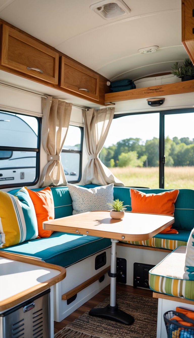 Interior of a pop-up camper with newly reupholstered dinette cushions and a small wooden table, sunlight coming through the windows.