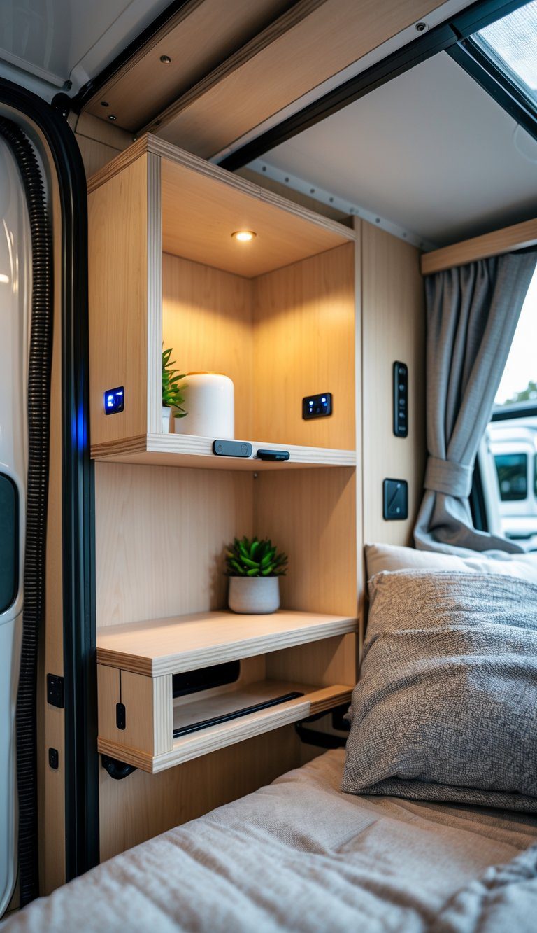 Close-up of a pop-up camper interior showing a fold-down bedside shelf with hidden USB ports next to a bed.