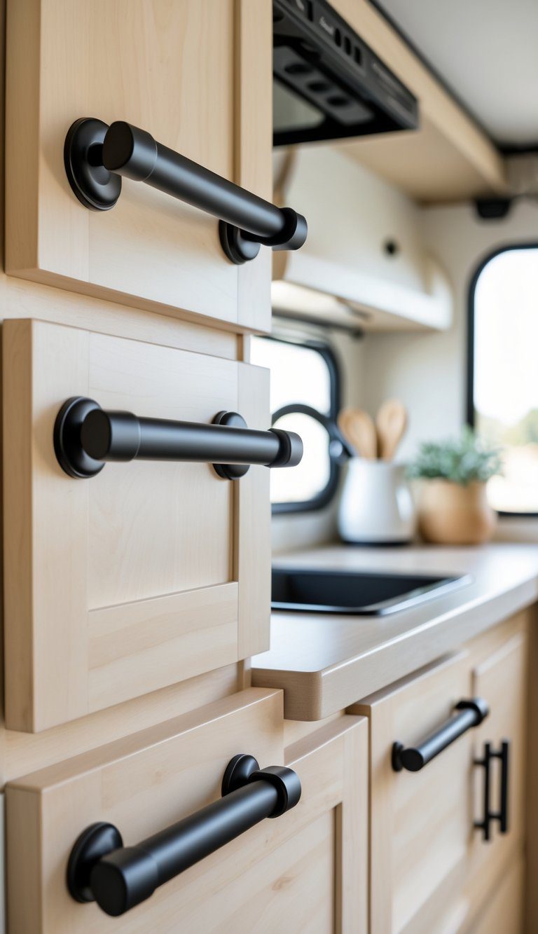 Close-up of matte black cabinet pulls installed on light wooden cabinets in a bright kitchen or camper interior.