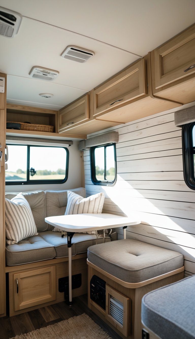 Interior view of a pop-up camper with a white shiplap accent wall, seating area, and natural light coming through the windows.