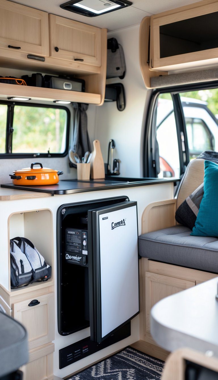 Interior of a pop-up camper showing a newly installed 12V compressor fridge with organized storage and camping gear.