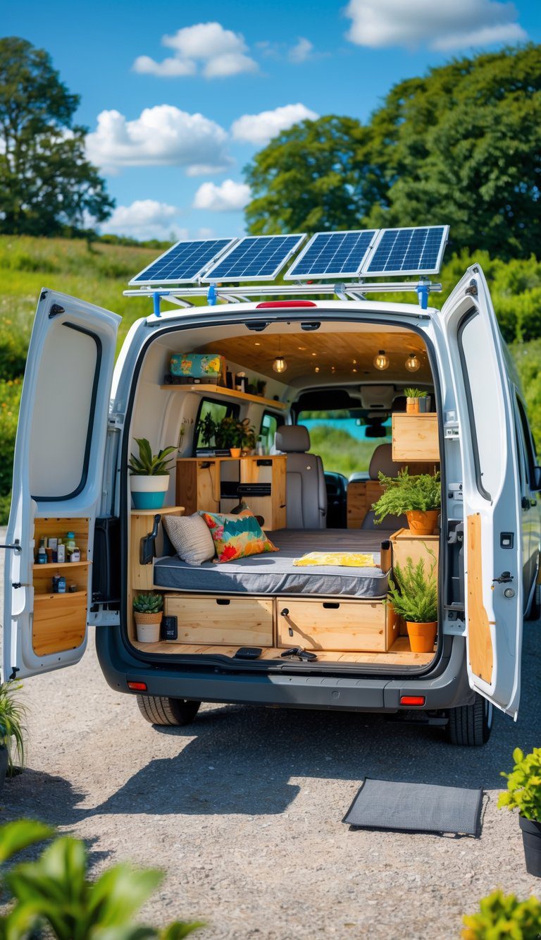 A van parked outdoors with its doors open, showing a cozy interior with a foldable bed, storage shelves, potted plants, and DIY tools arranged inside.