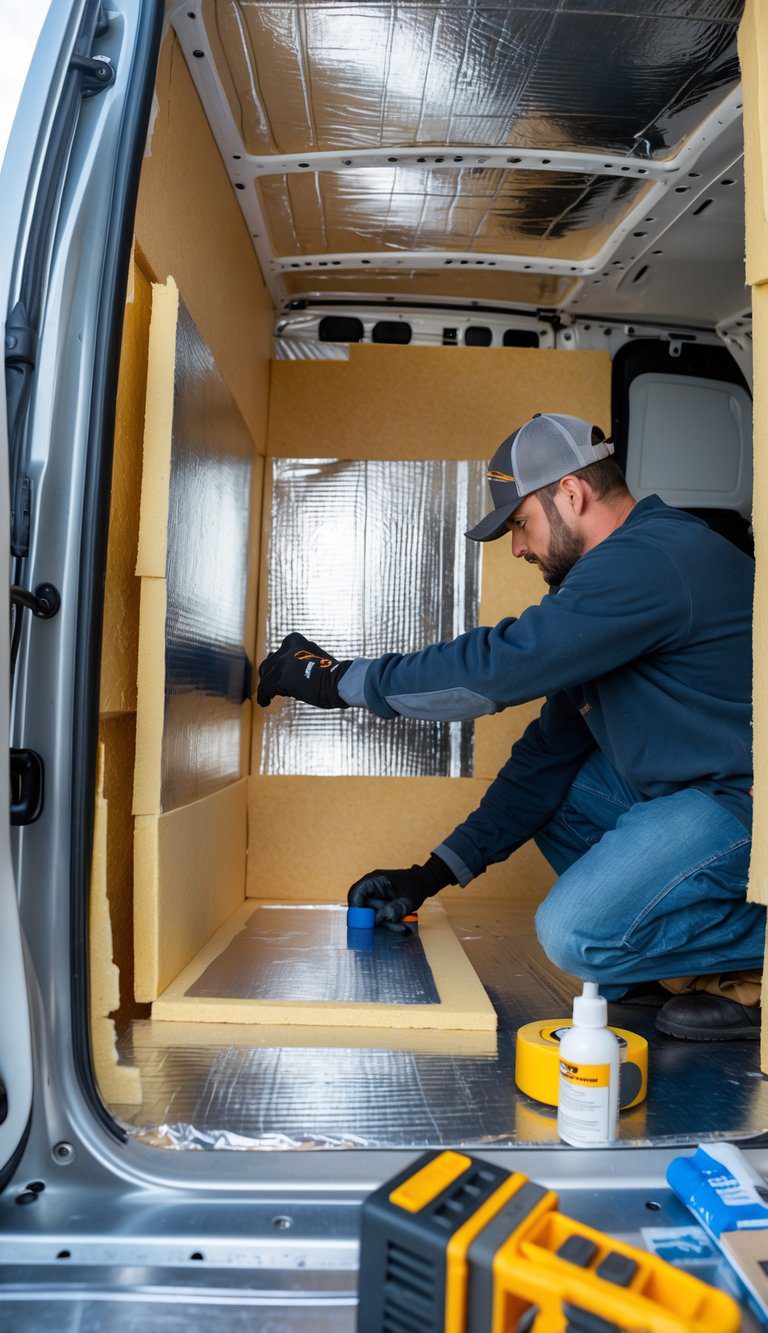 A person installing reflective and foam board insulation panels inside a van's interior walls.