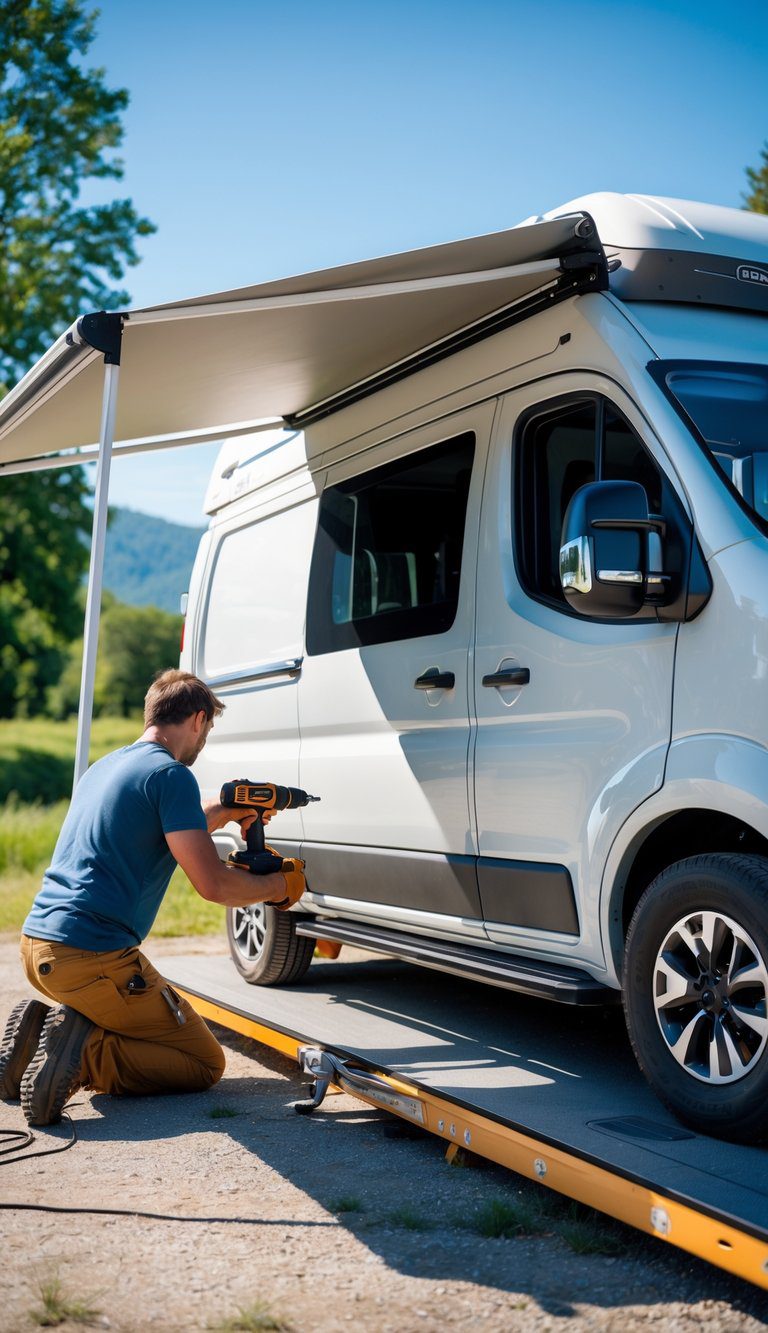 Person installing a Fiamma F45 awning on a camper van outdoors with trees and mountains in the background.