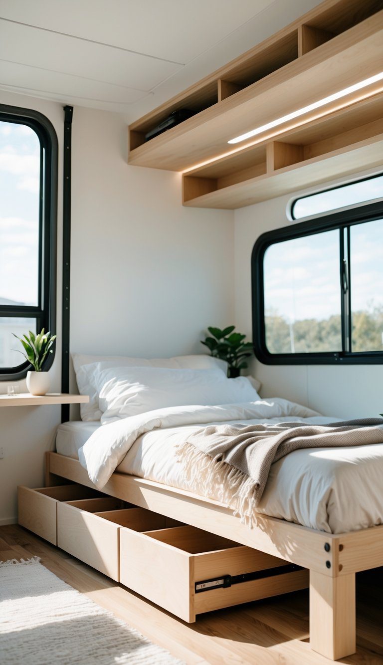 A simple wooden platform bed with open under-bed storage drawers in a bright bedroom with natural light.