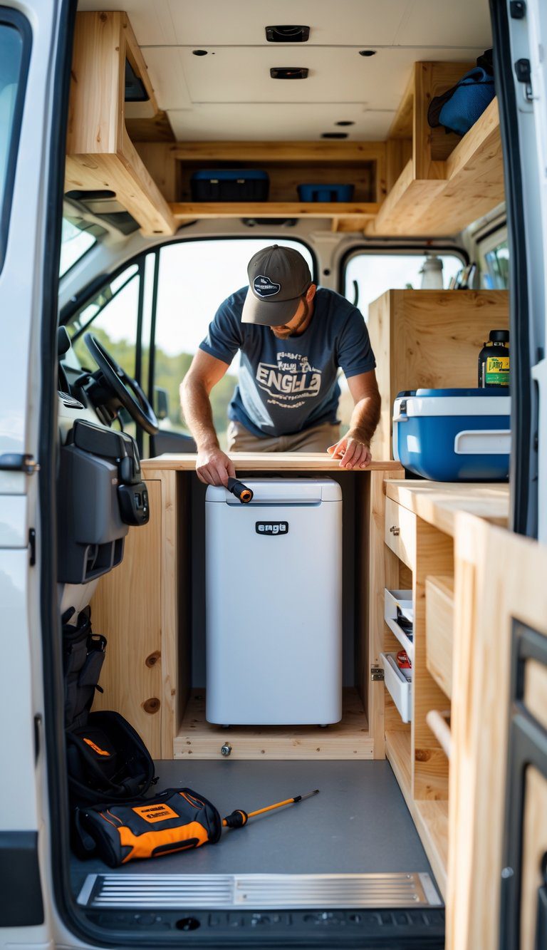 A person installing a compact fridge inside a camper van with tools and wooden cabinets around.