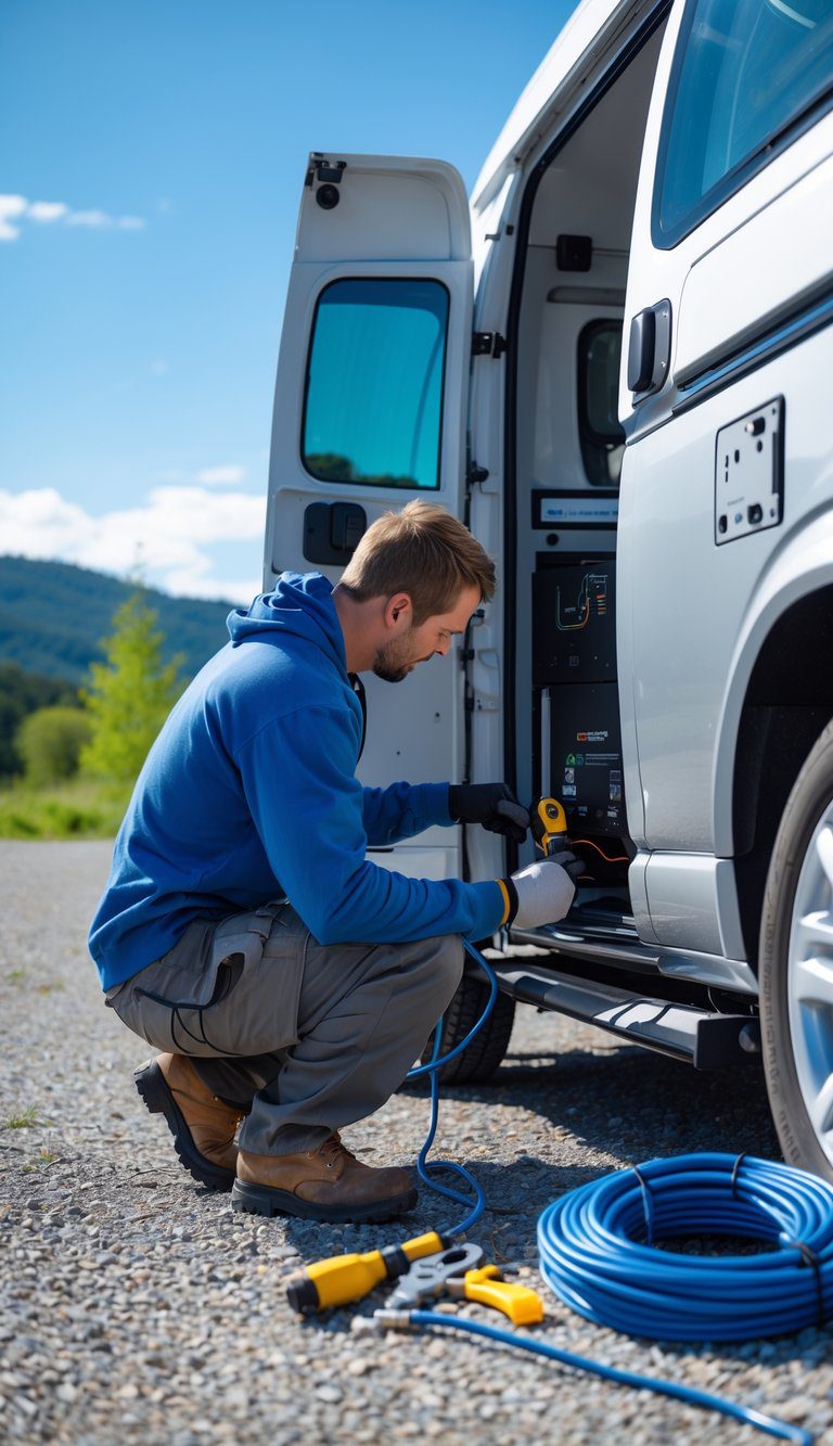 Person installing a shore power inlet and cable on the side of a camper van outdoors near trees and mountains.