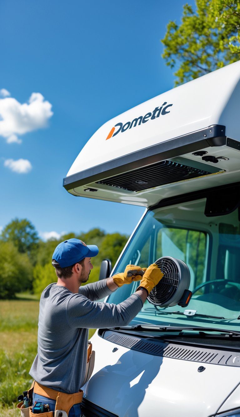 Person installing a roof vent with a fan on top of a camper van outdoors on a sunny day.