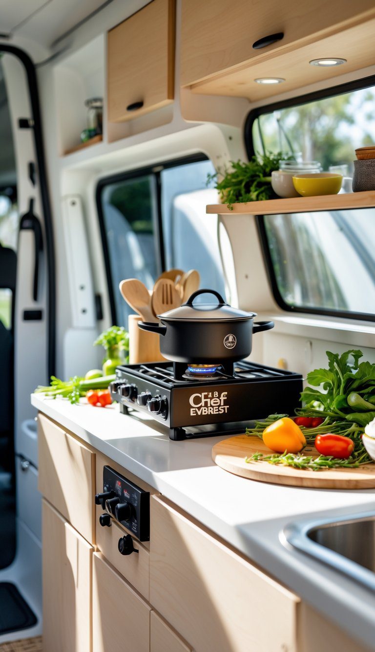 A modular kitchen inside a van with a single-burner stove on a countertop surrounded by kitchen utensils and fresh ingredients.