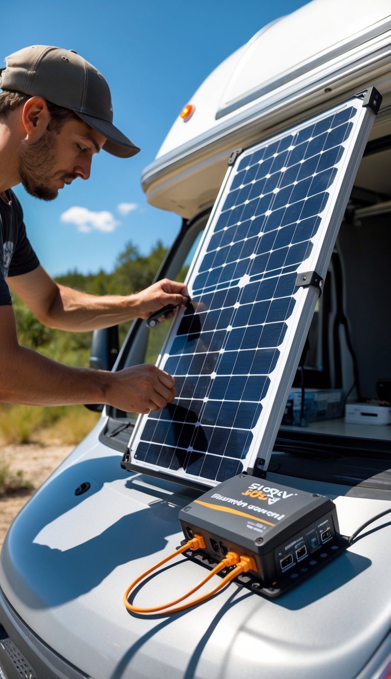 Person installing a portable solar panel on the roof of a camper van outdoors on a sunny day.