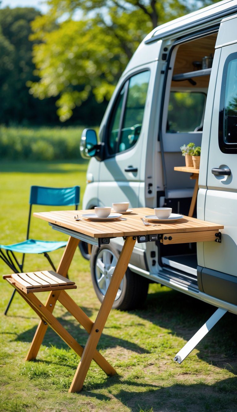 Foldable wooden table extended from a camper van with outdoor dining setup in a green natural setting.