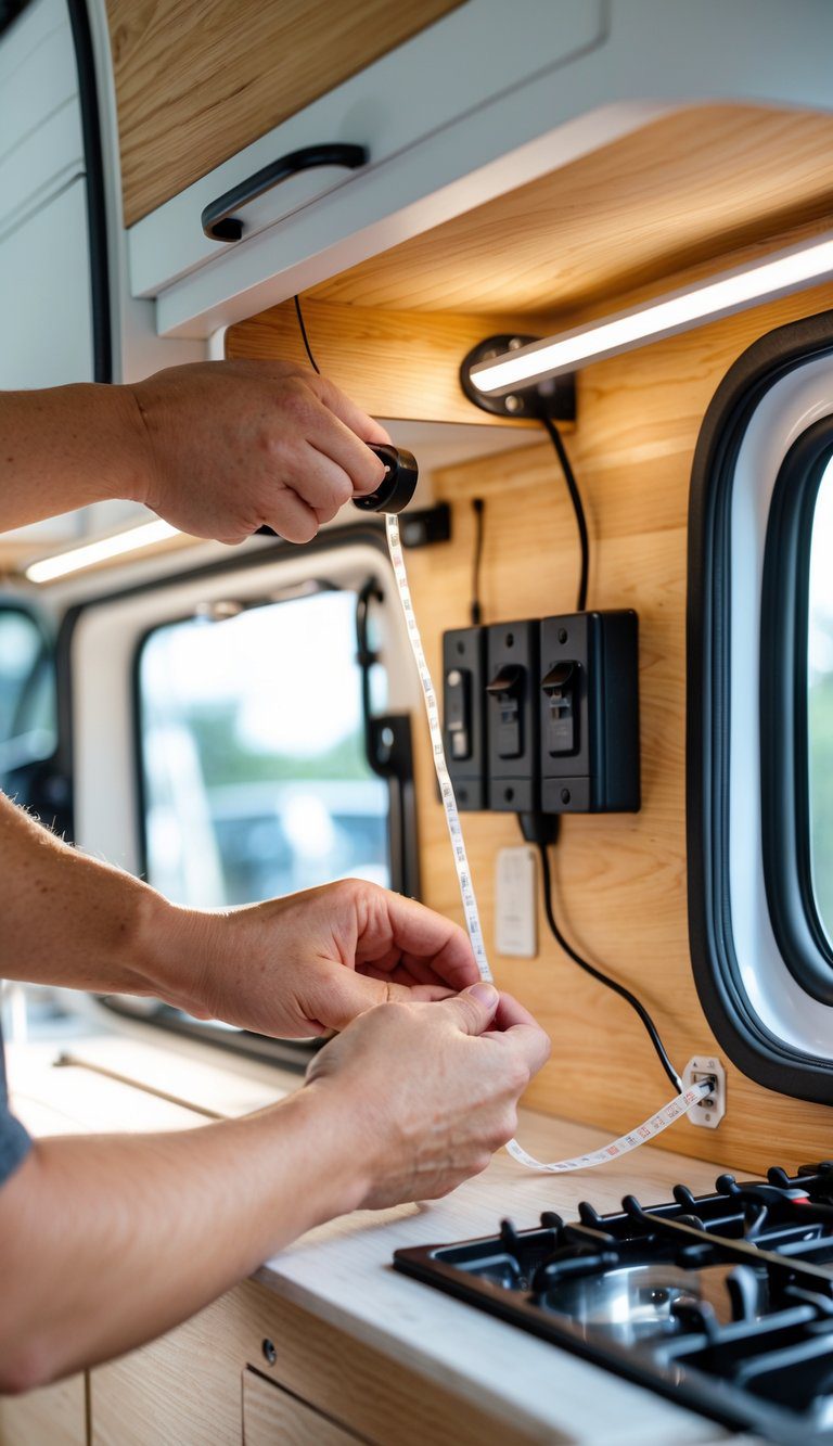 Hands installing LED strip lighting with dimmer switches inside a modern van conversion kitchen area.