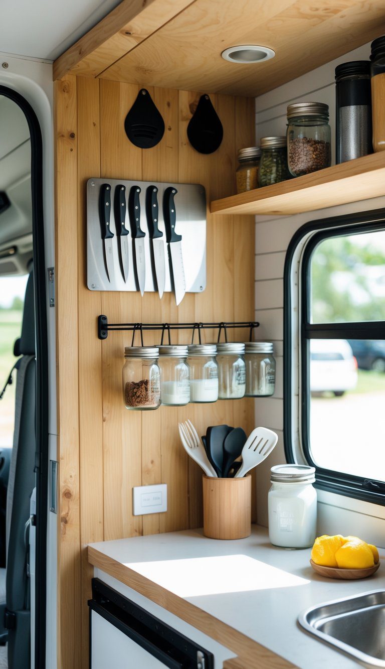 Compact van kitchen with a magnetic knife strip and hanging mason jars used for storage in the galley area.