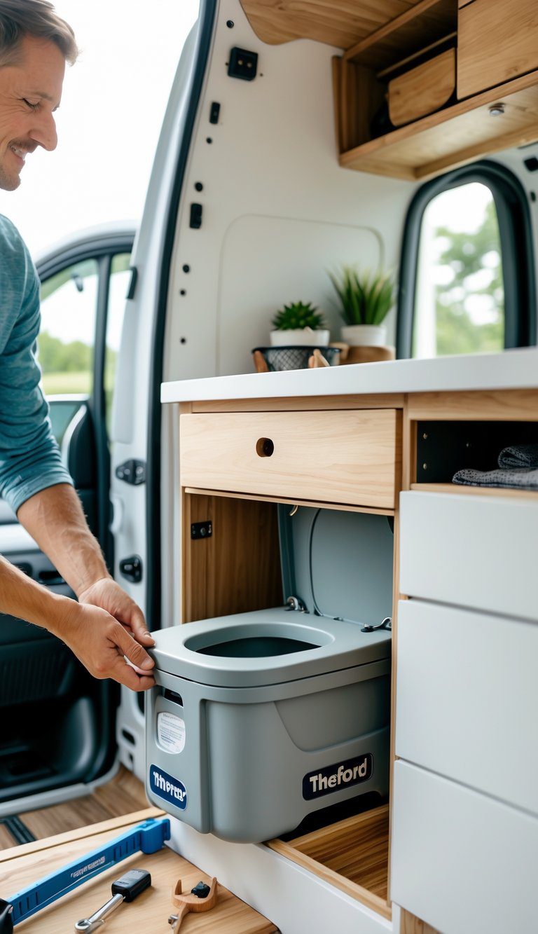 Hands installing a portable toilet drawer system inside a camper van with wooden cabinets and natural light.
