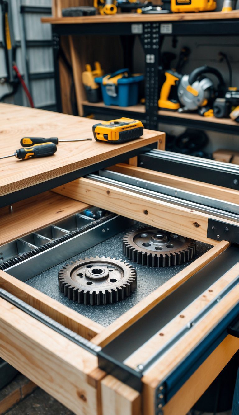 A person assembling a sliding gear tray with heavy-duty sliders on a wooden workbench in a workshop.