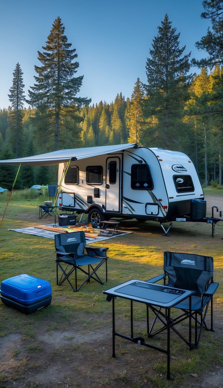 A pop-up camper set up in a forest campsite with various camping upgrades including an awning, solar panels, outdoor kitchen, LED lights, and camping furniture.
