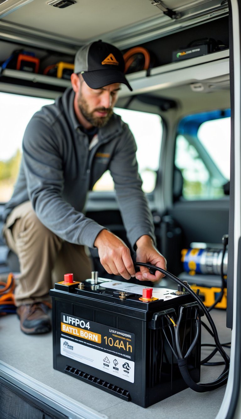 Person installing a lithium iron phosphate house battery inside a pop-up camper with camping gear visible nearby.