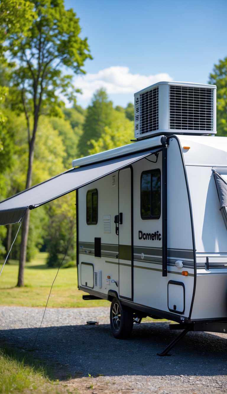 Pop-up camper with a rooftop air conditioner installed, parked outdoors surrounded by trees and clear sky.