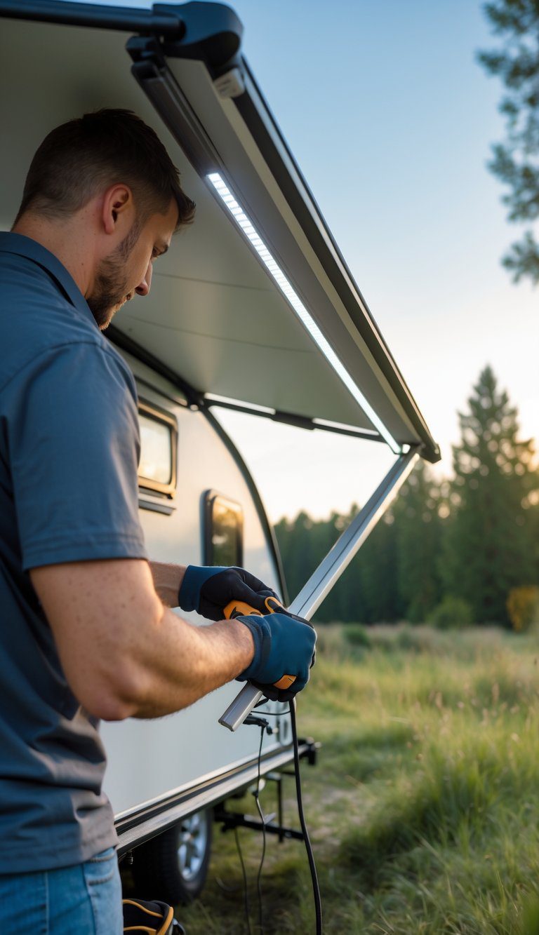 Person installing an electric awning with LED lights on a pop-up camper outdoors.