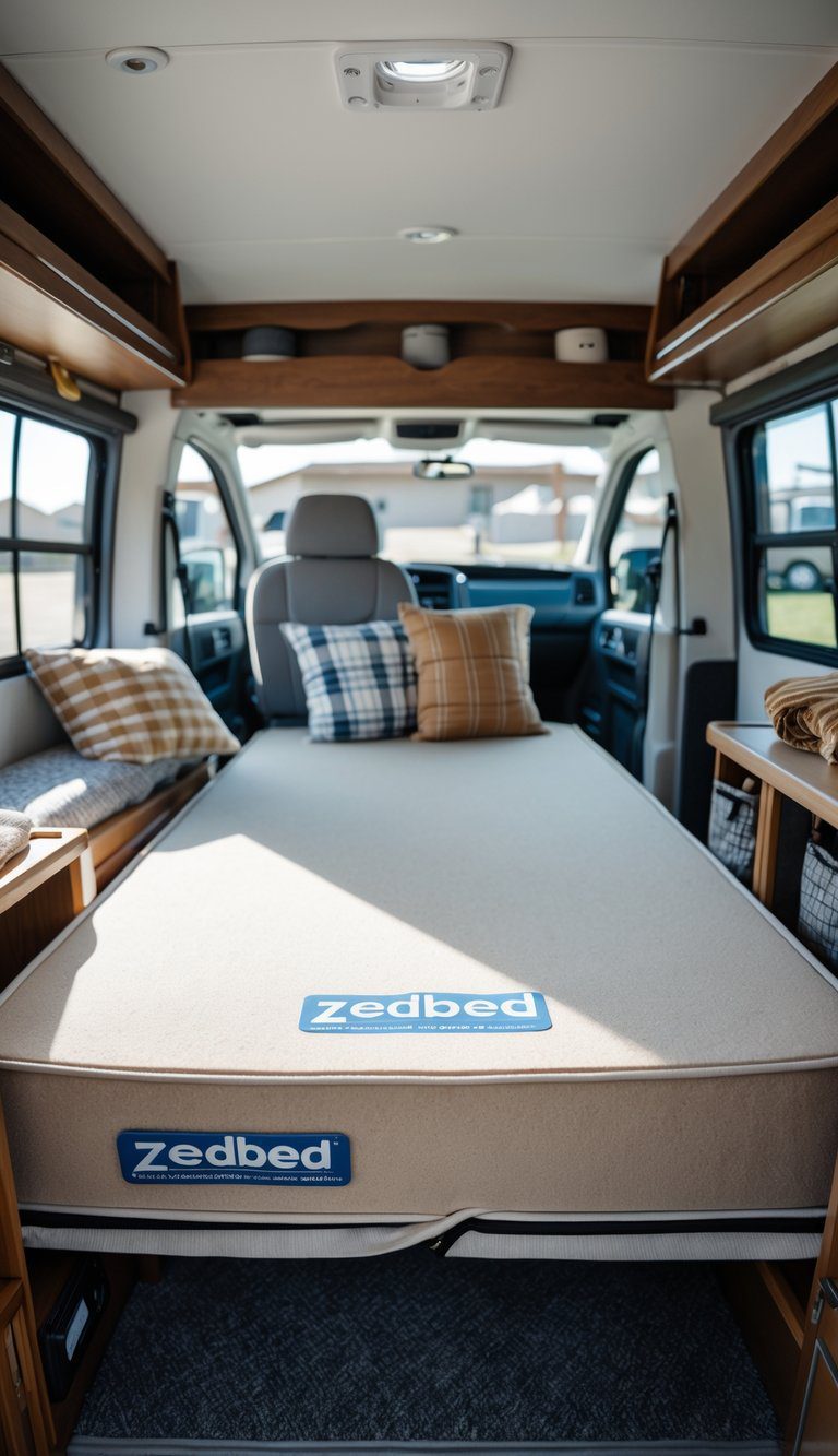Interior of a pop-up camper showing a folded-out tri-fold mattress replacing the original mattress, surrounded by camping accessories.