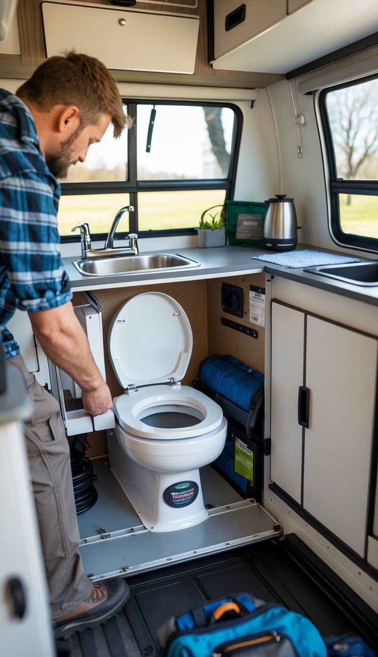 A person installing a cassette toilet inside a pop-up camper with camping gear and compact storage visible.