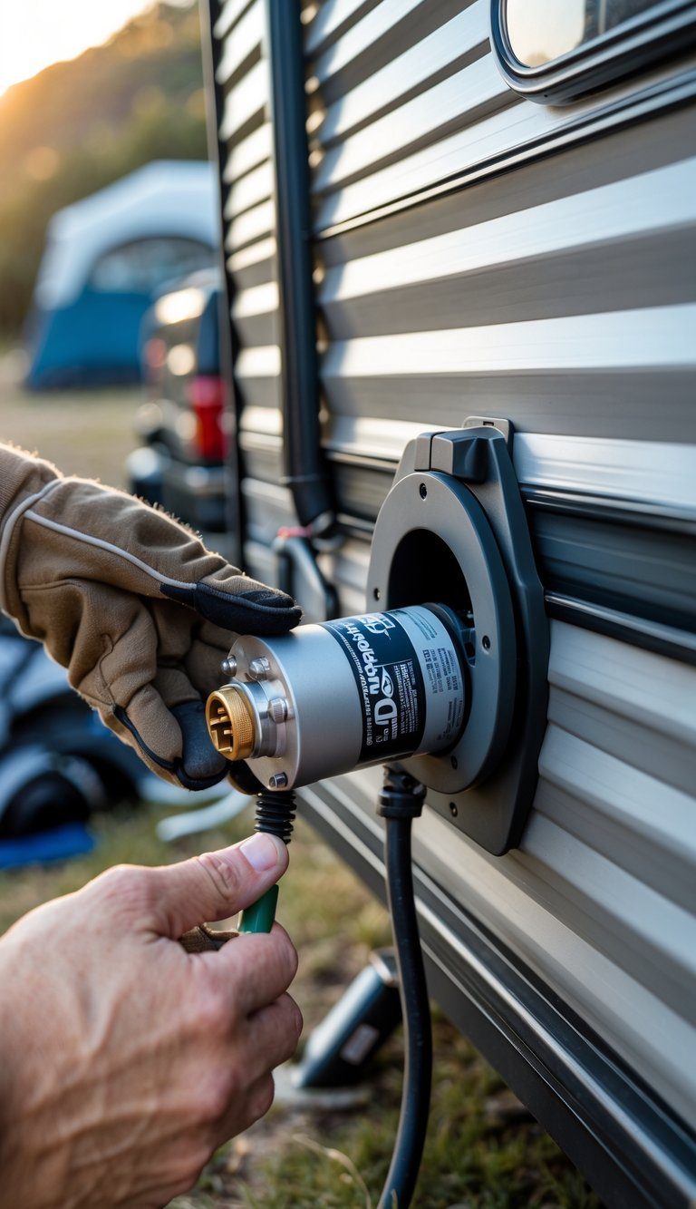 Close-up of hands installing a locking shore power inlet on the side of a pop-up camper outdoors.