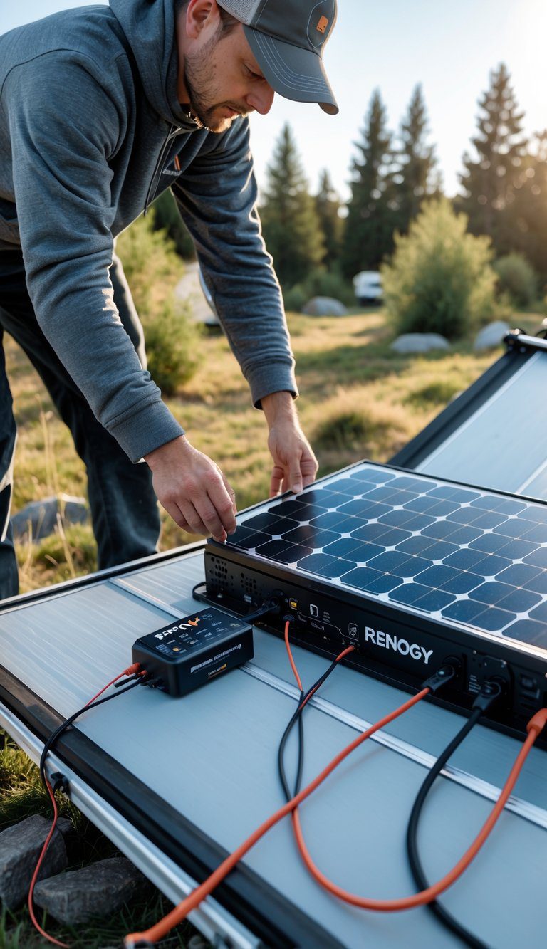 Person installing a portable solar panel kit with a charge controller on the roof of a pop-up camper at a campsite.