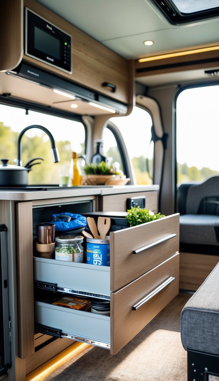 Interior of a pop-up camper kitchen with slide-out storage drawers partially open, showing organized camping supplies inside.