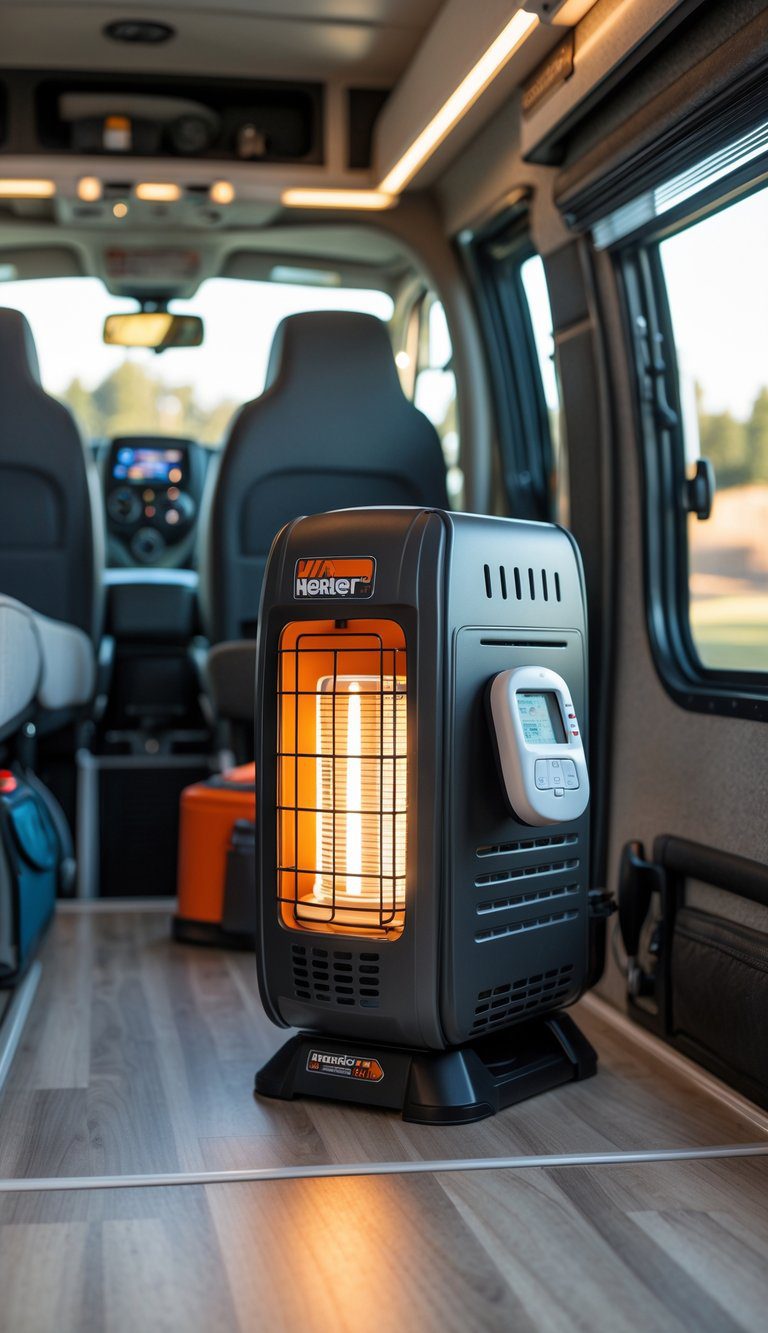 Interior of a pop-up camper showing a propane heater installed with a carbon monoxide monitor nearby, surrounded by camping gear.