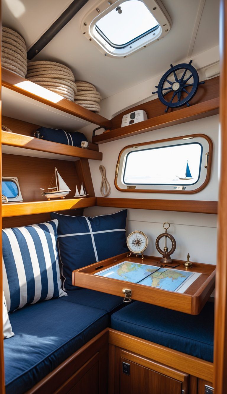 Interior of a small sailboat with organized shelves, storage compartments, nautical decor, and sailing gear neatly arranged.