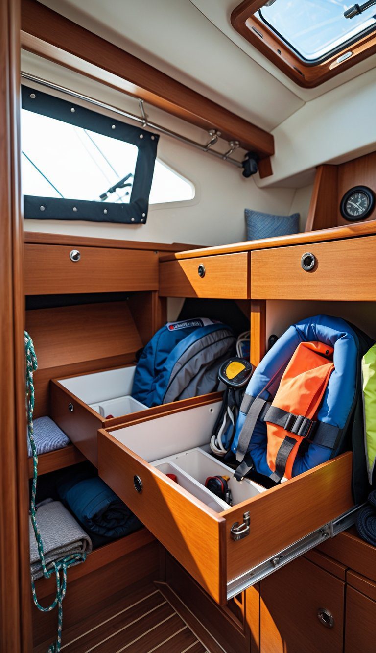 Interior of a small sailboat cabin showing open under-seat hinged storage lockers with neatly organized sailing gear inside.