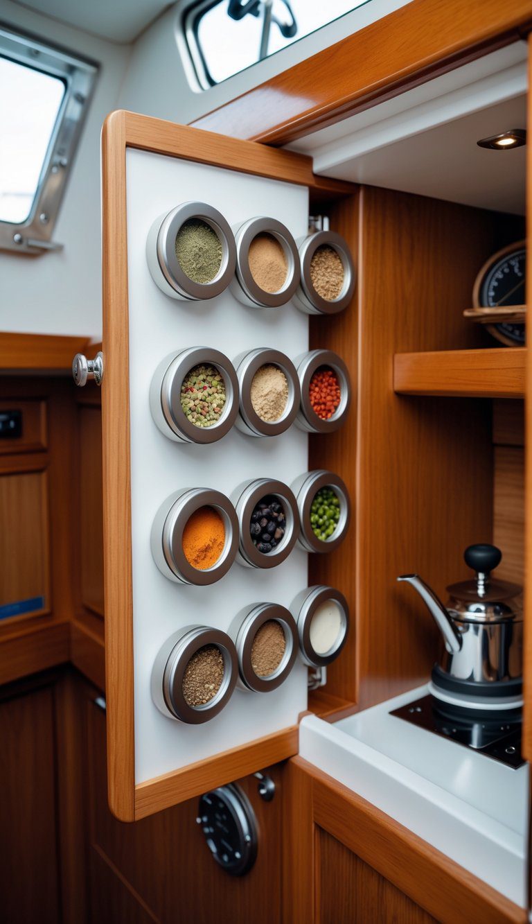 Galley cabinet inside a small sailboat with magnetic spice tins neatly arranged on the cabinet door.