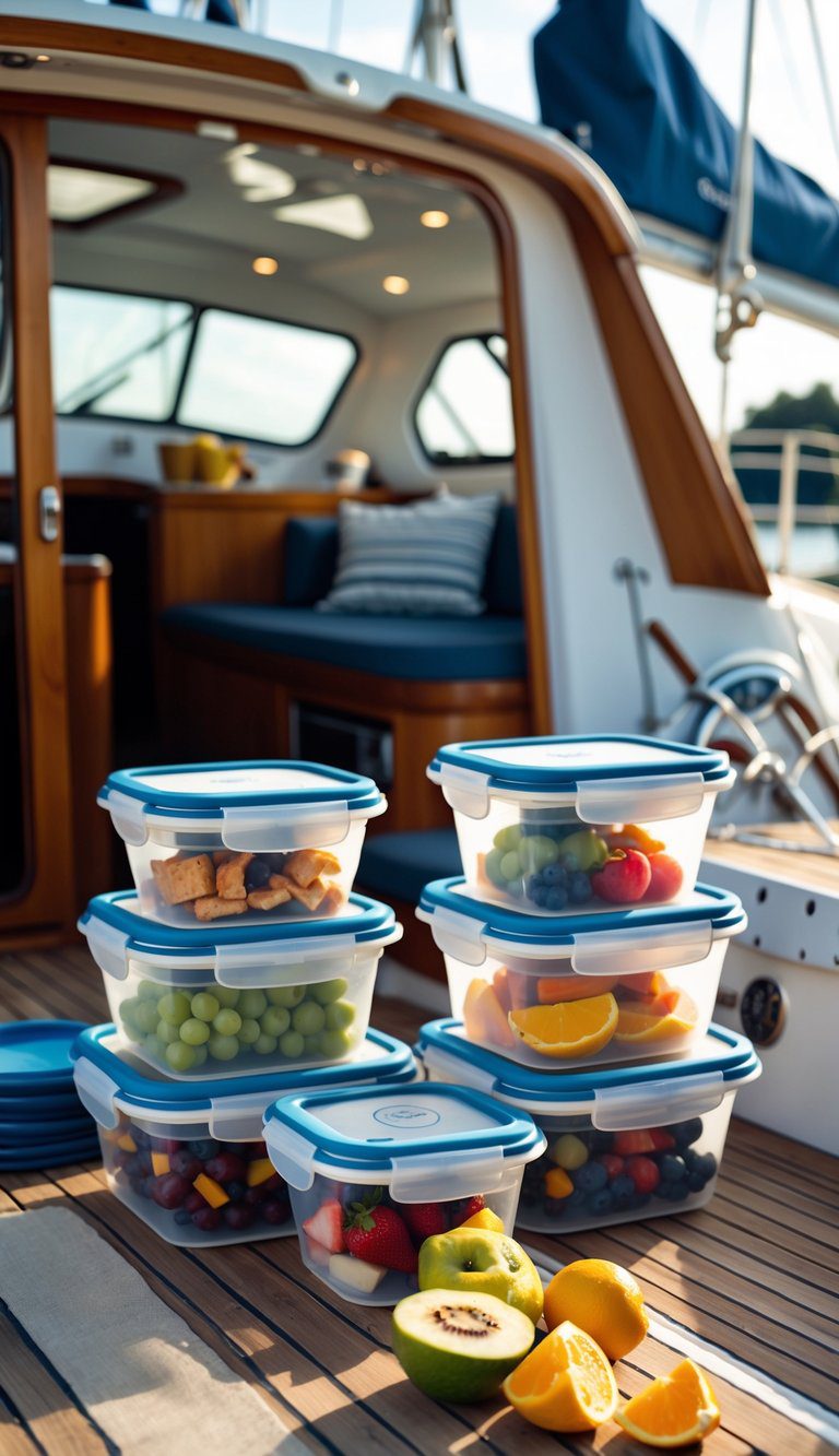 Collapsible silicone food containers on the deck of a small sailboat, filled with food and surrounded by boat gear.