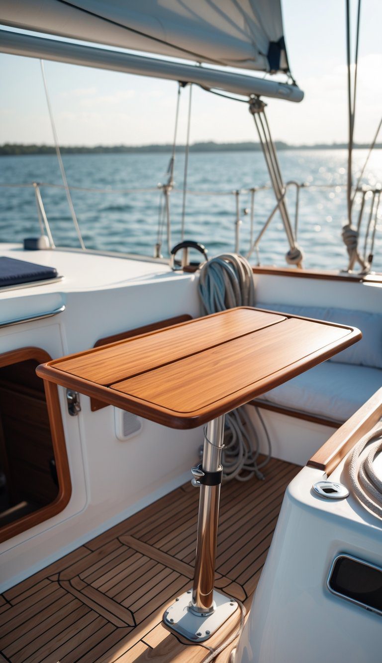 Teak fold-down cockpit table folded against the wall in the cockpit of a small sailboat with the sea in the background.