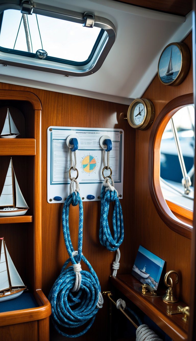 Interior of a small sailboat cabin showing rope hooks holding coiled ropes and sailing gear, with wooden walls and nautical decor.