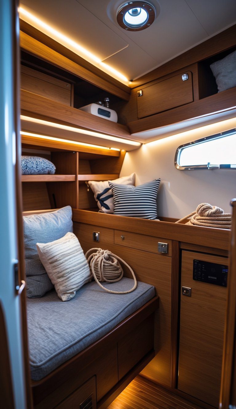 Interior of a small sailboat cabin with warm LED strip lighting, organized storage, and nautical decor.