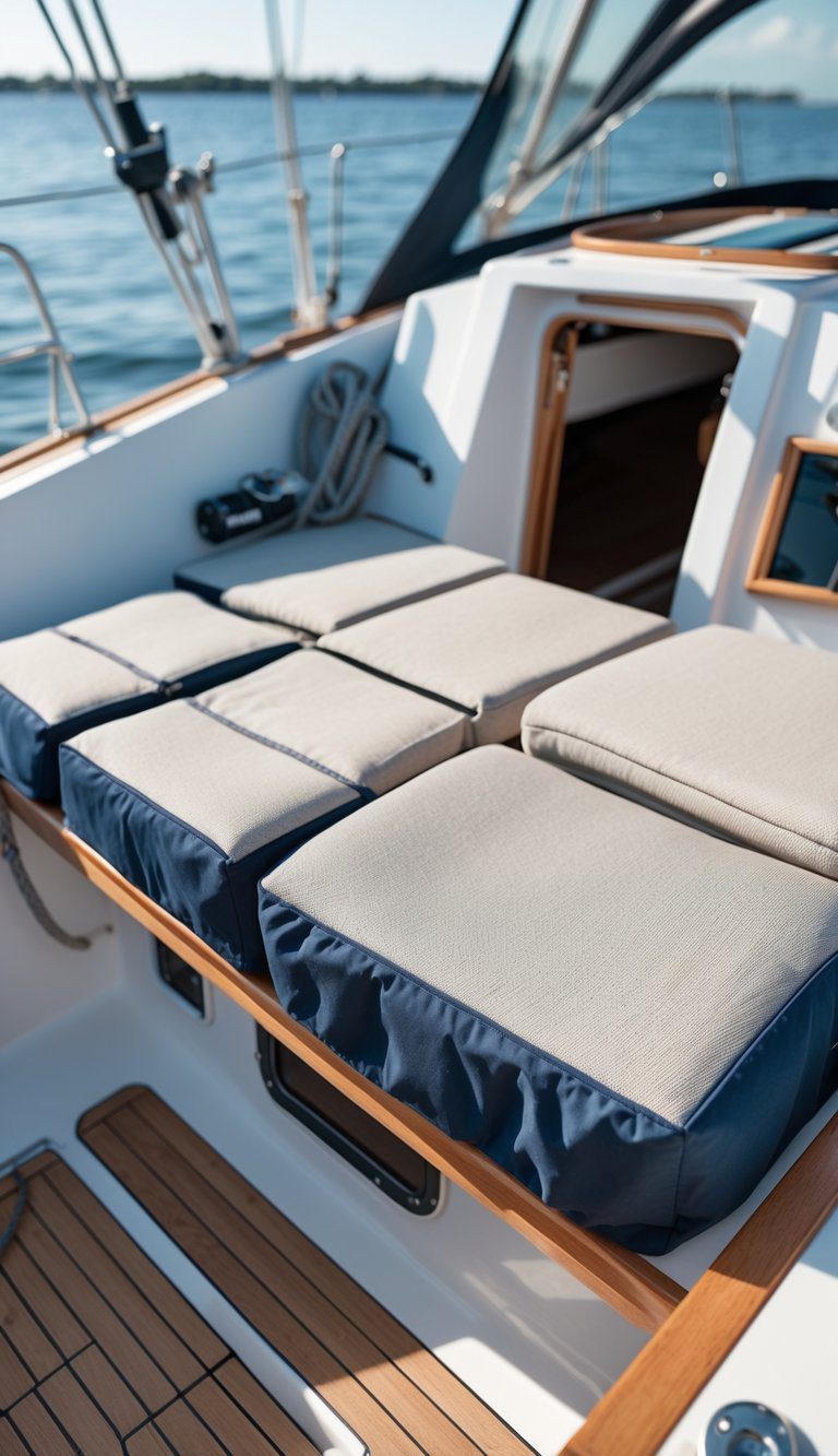A small sailboat cockpit with custom foam cushions covered in removable fabric covers, showing storage compartments and sailing equipment around.
