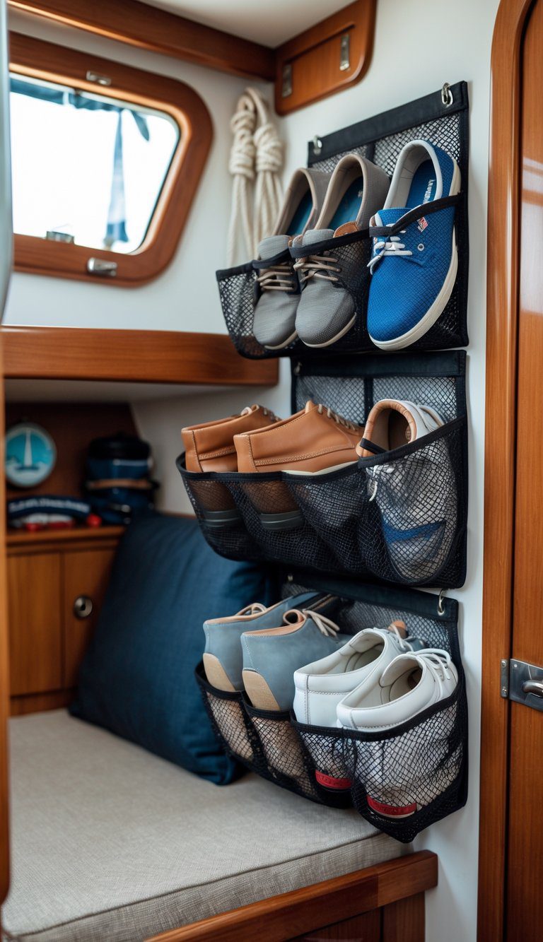 Interior of a small sailboat showing a mesh shoe organizer hung on the wall, filled with shoes and boating items, with wooden walls and natural light coming through a hatch.