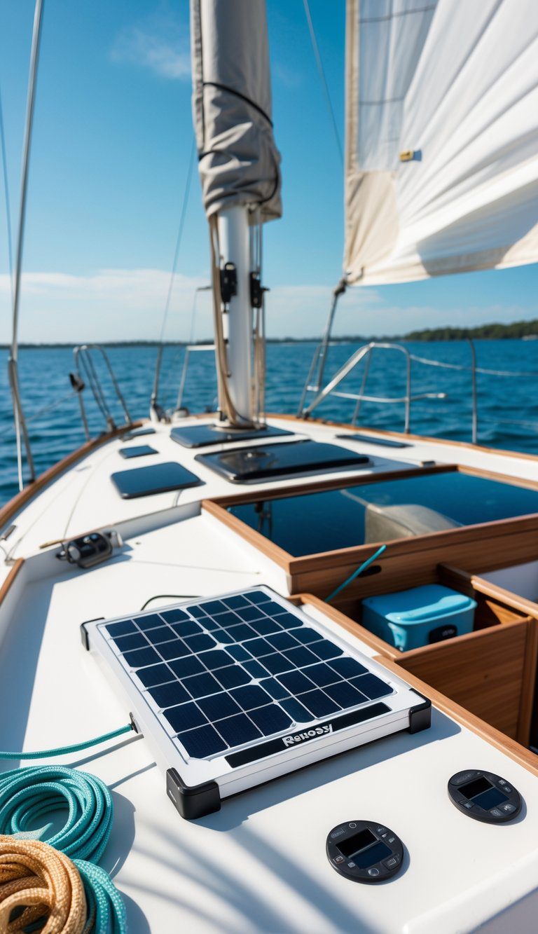 A small sailboat deck with a solar-powered USB charging panel and organized storage items under bright sunlight.