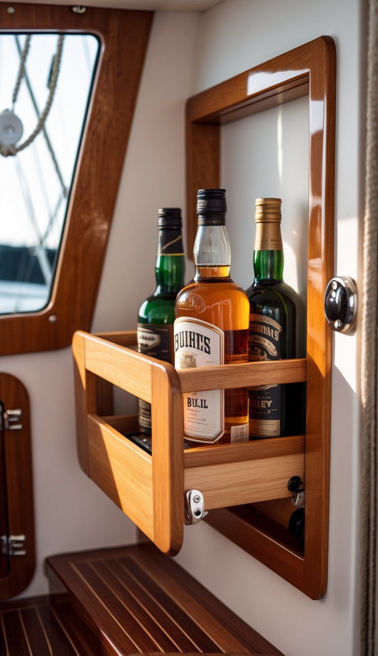 Fold-away liquor shelf mounted on a wooden bulkhead inside a small sailboat, holding several bottles of liquor.