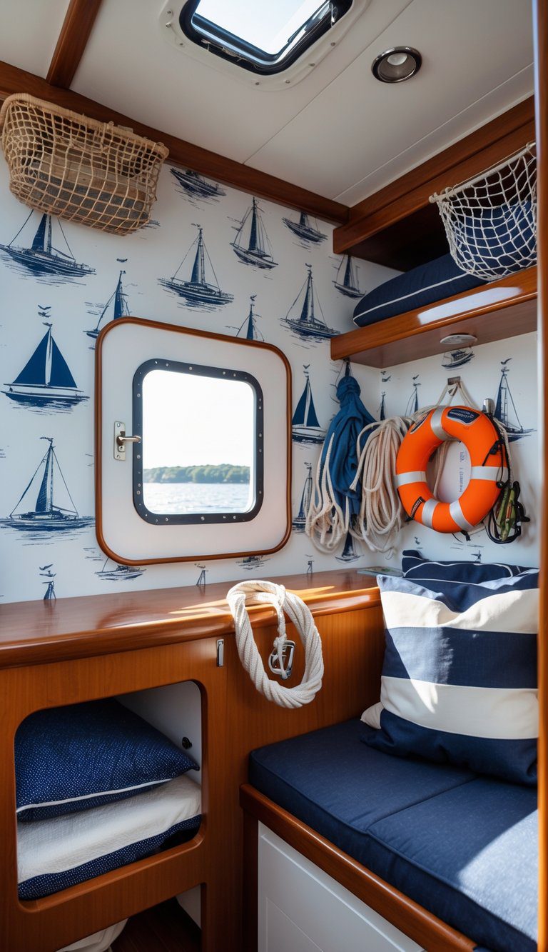 Interior of a small boat cabin with nautical wallpaper, organized storage for boating gear, and natural light through a porthole.
