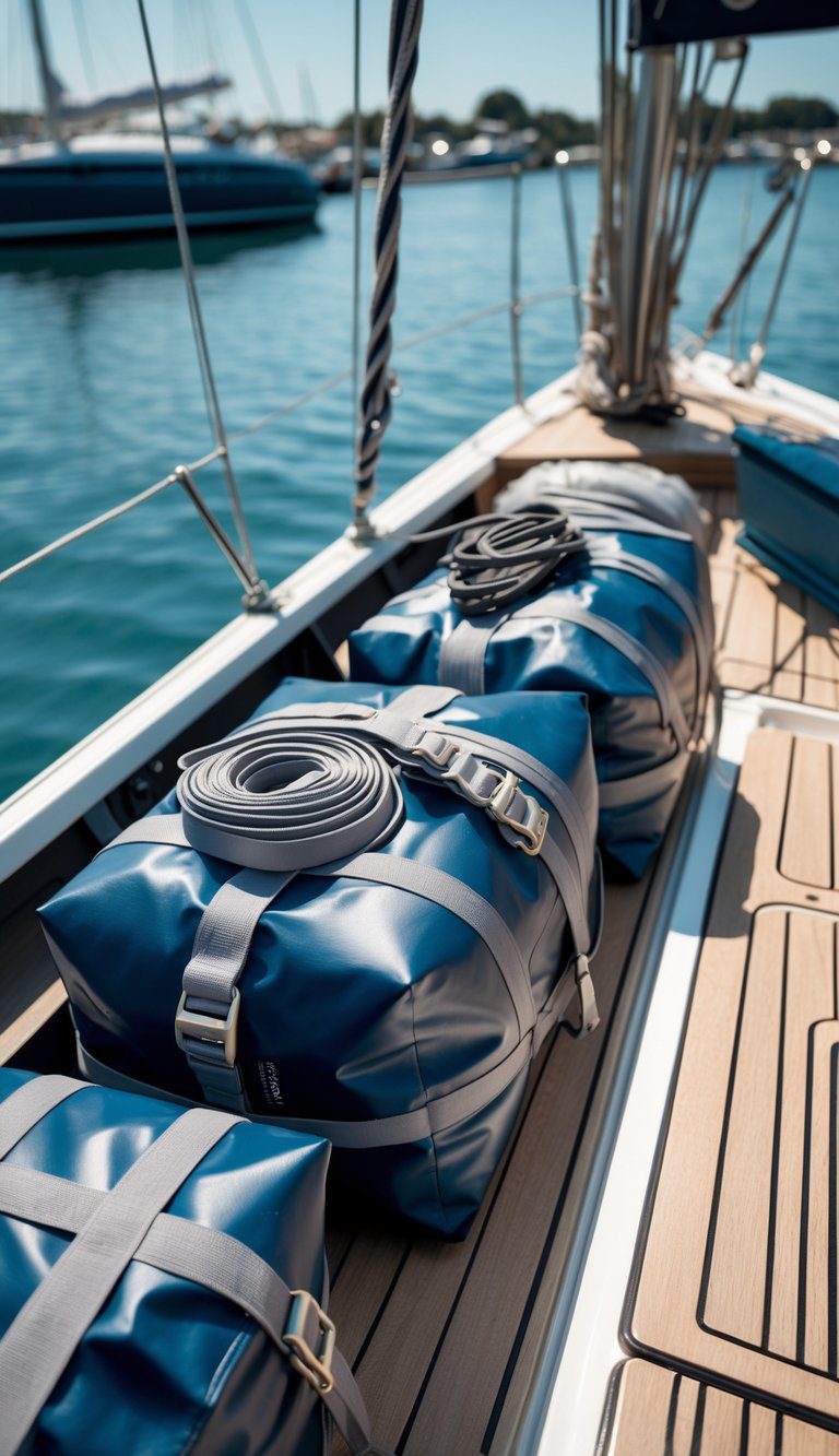 A small sailboat deck with sails and lines neatly stored in compression dry bags, showing organized and compact storage solutions.