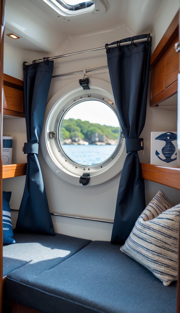 Interior of a small sailboat cabin with a round porthole covered by dark blackout curtains and organized storage around it.