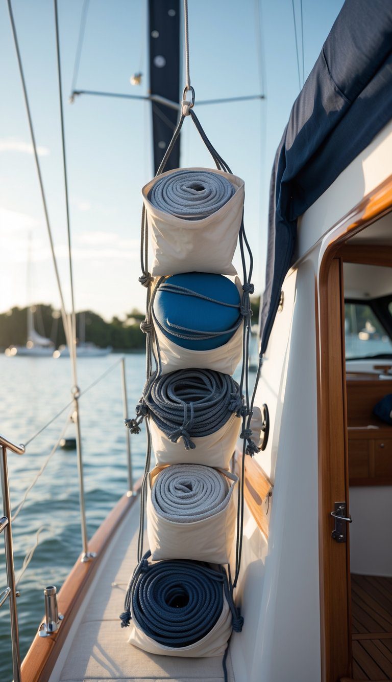 Close-up of a small sailboat deck with vertical bags holding fenders and dock lines neatly organized along the side.