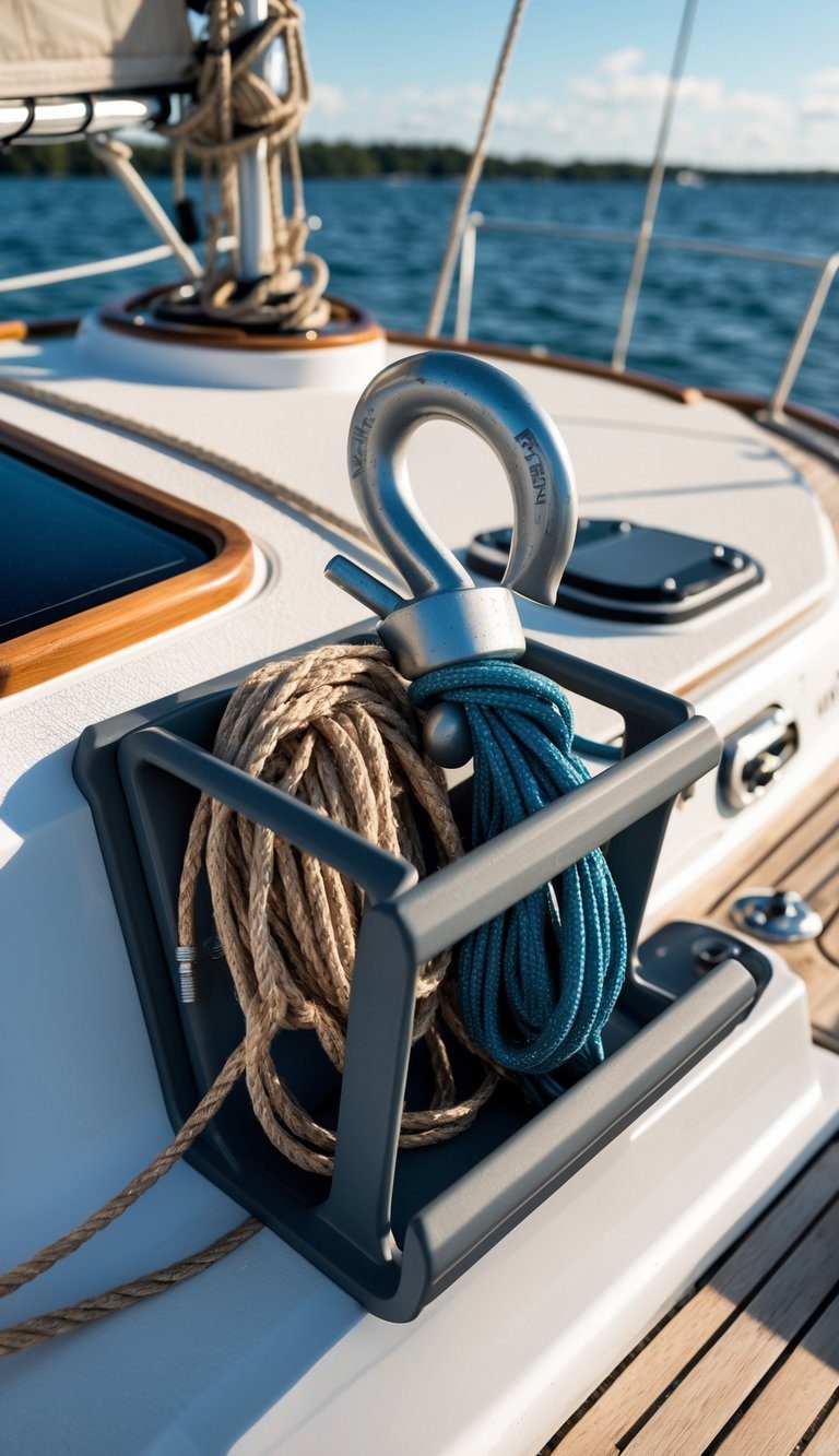 Mooring hook and bridle storage cradle mounted on a small sailboat deck with neatly coiled ropes and metal fittings.