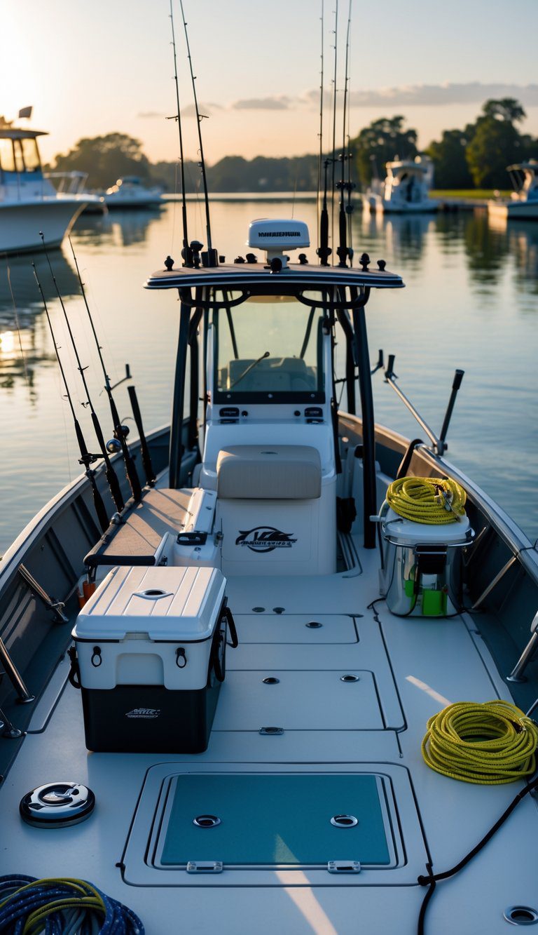 A fishing boat docked at a marina with fishing gear neatly arranged on the deck under a clear sky.