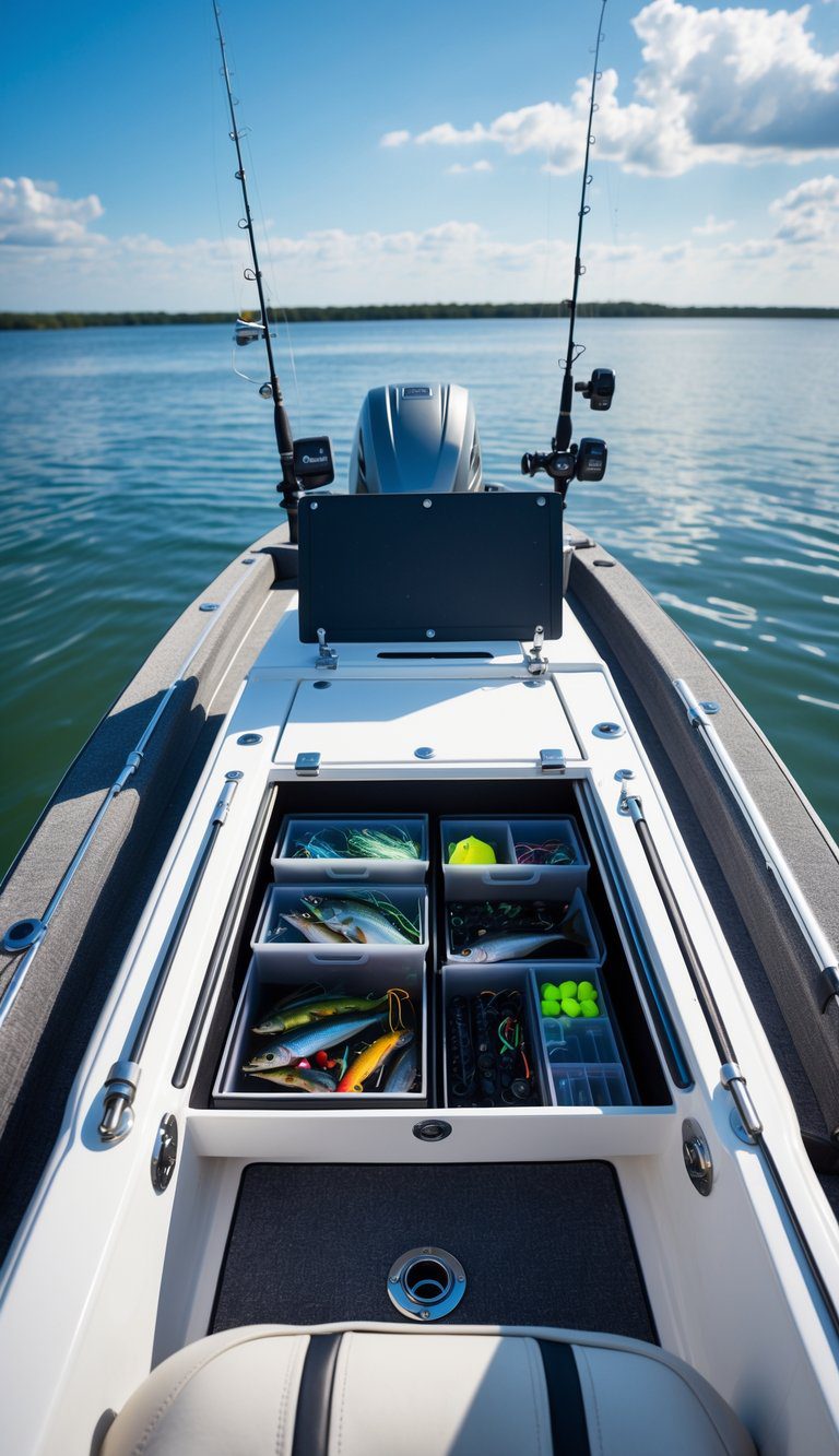 A center console fishing boat on calm water with open tackle storage compartments showing organized fishing gear.